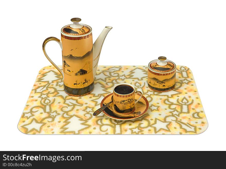 Cup, teapot, sugar bowl on tray