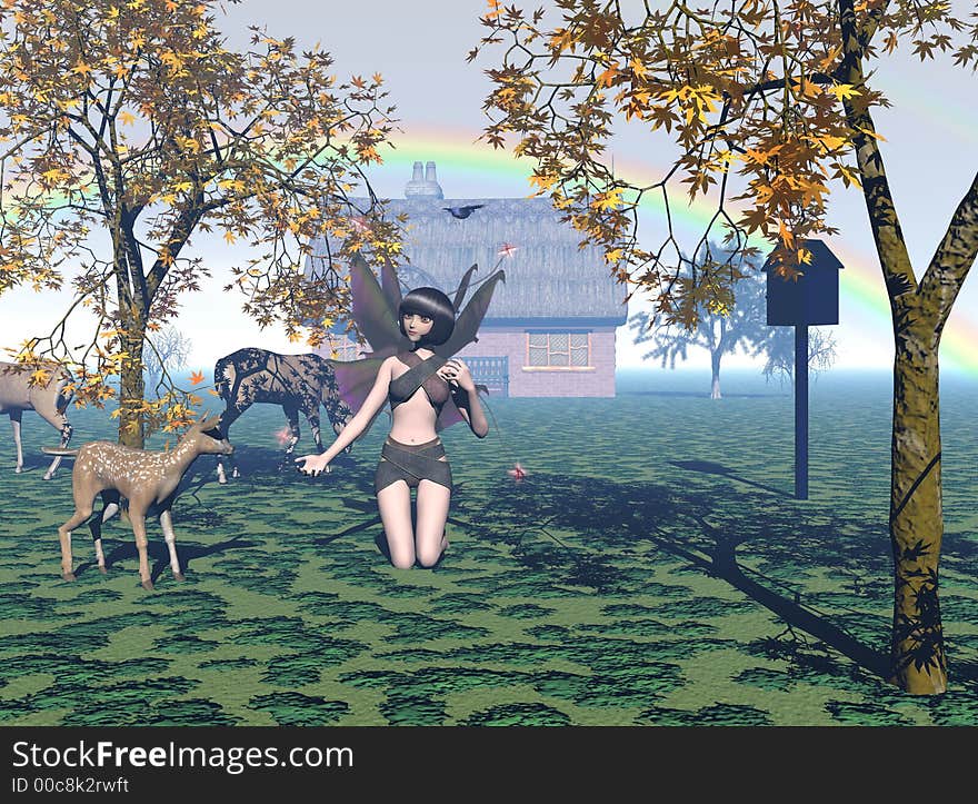 Computer generated scene of a fairy and fawn playing together. Computer generated scene of a fairy and fawn playing together