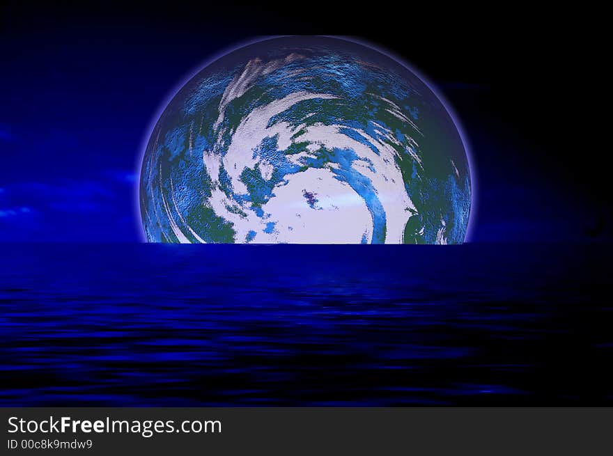 Space scenario with water reflection