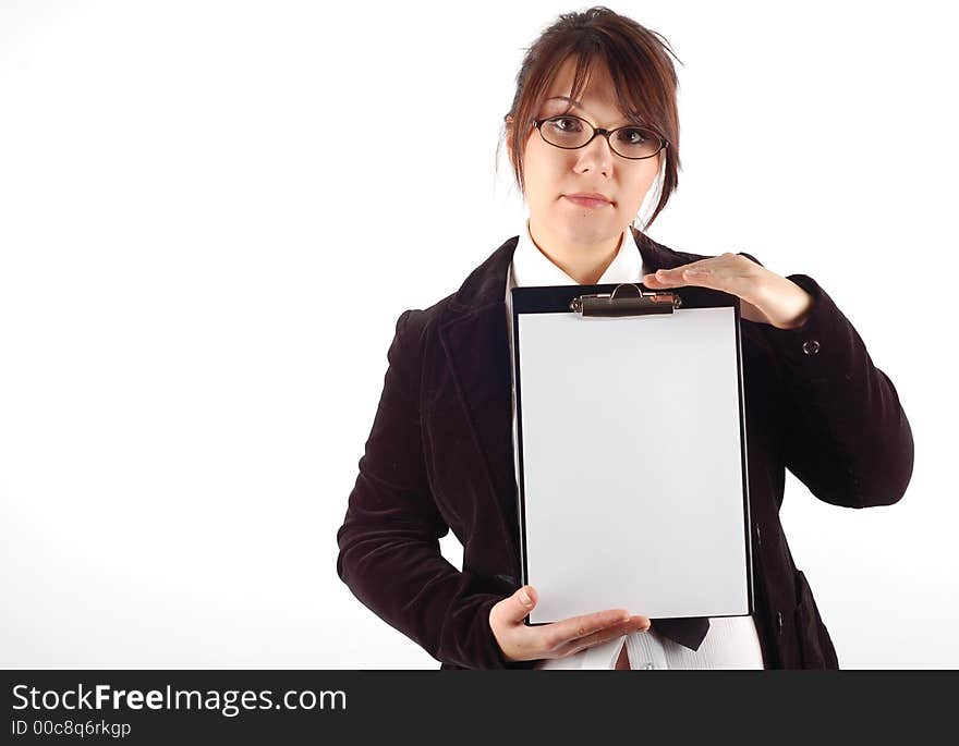 Attractive woman with clipboard on white background. Attractive woman with clipboard on white background