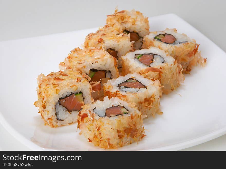 Rolls with salmon, tuna, eel, shellfish, shrimp or crab-meat. Rolls with salmon, tuna, eel, shellfish, shrimp or crab-meat