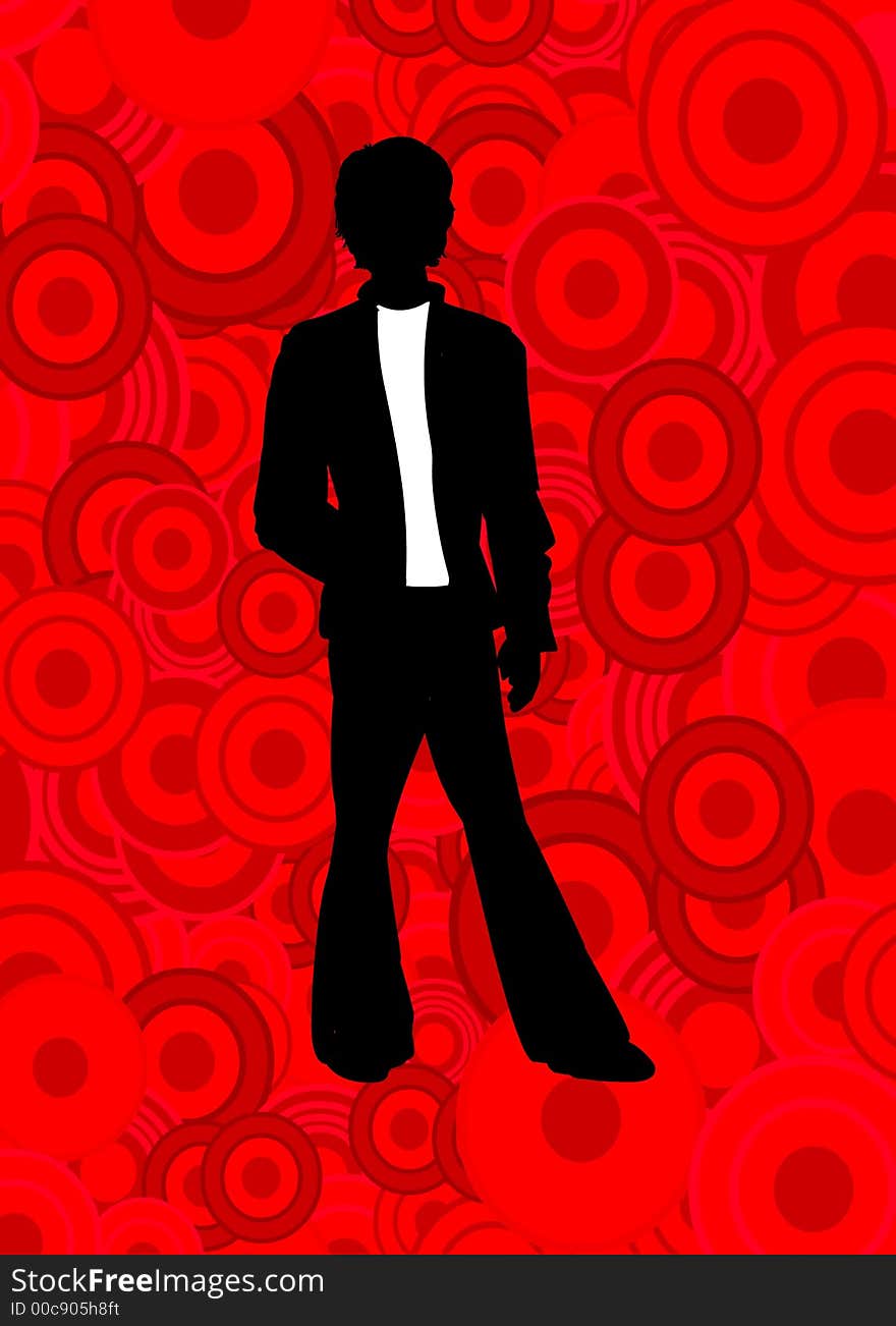 Man on red circles funky retro style.