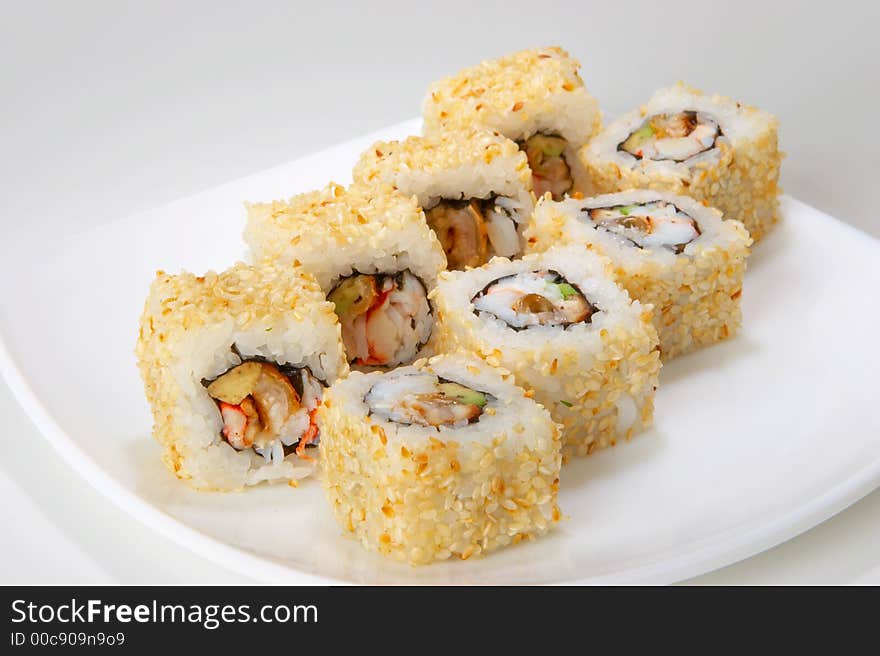 Rolls with salmon, tuna, eel, shellfish, shrimp or crabmeat. Rolls with salmon, tuna, eel, shellfish, shrimp or crabmeat