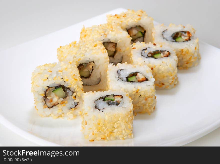 Rolls with salmon, tuna, eel, shellfish, shrimp or crabmeat. Rolls with salmon, tuna, eel, shellfish, shrimp or crabmeat