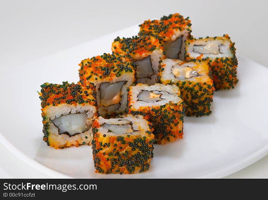 Rolls with salmon, tuna, eel, shellfish, shrimp or crabmeat. Rolls with salmon, tuna, eel, shellfish, shrimp or crabmeat