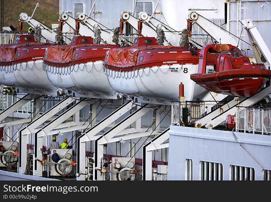 Lifeboats on deck of liner