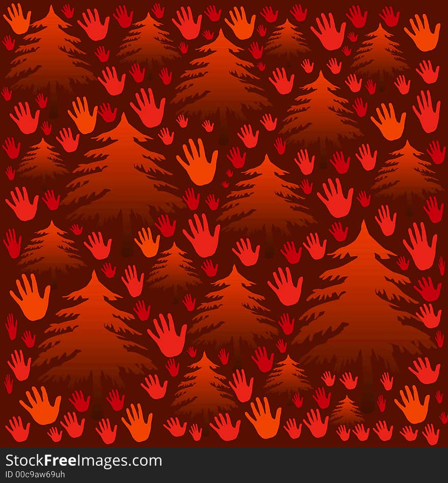 Brown background, red ,and orange hands, trees...