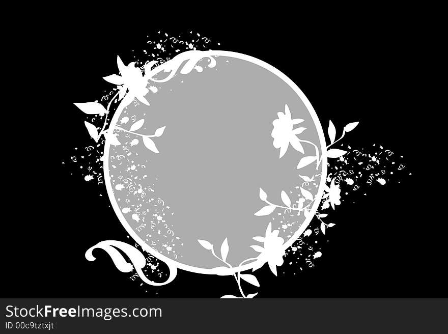 A black background with a round frame and flowers. A black background with a round frame and flowers