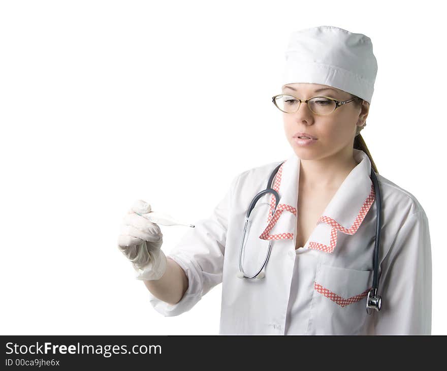 Female medic checking temperature, isolated on white