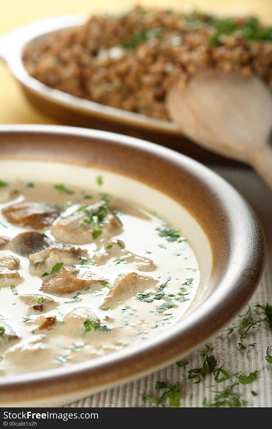 Mushrooms soup with cream on the plate