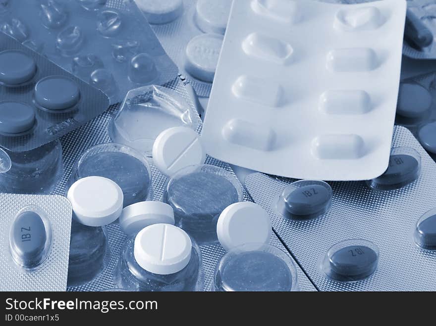 A pile of medicines in monochrome in closeup