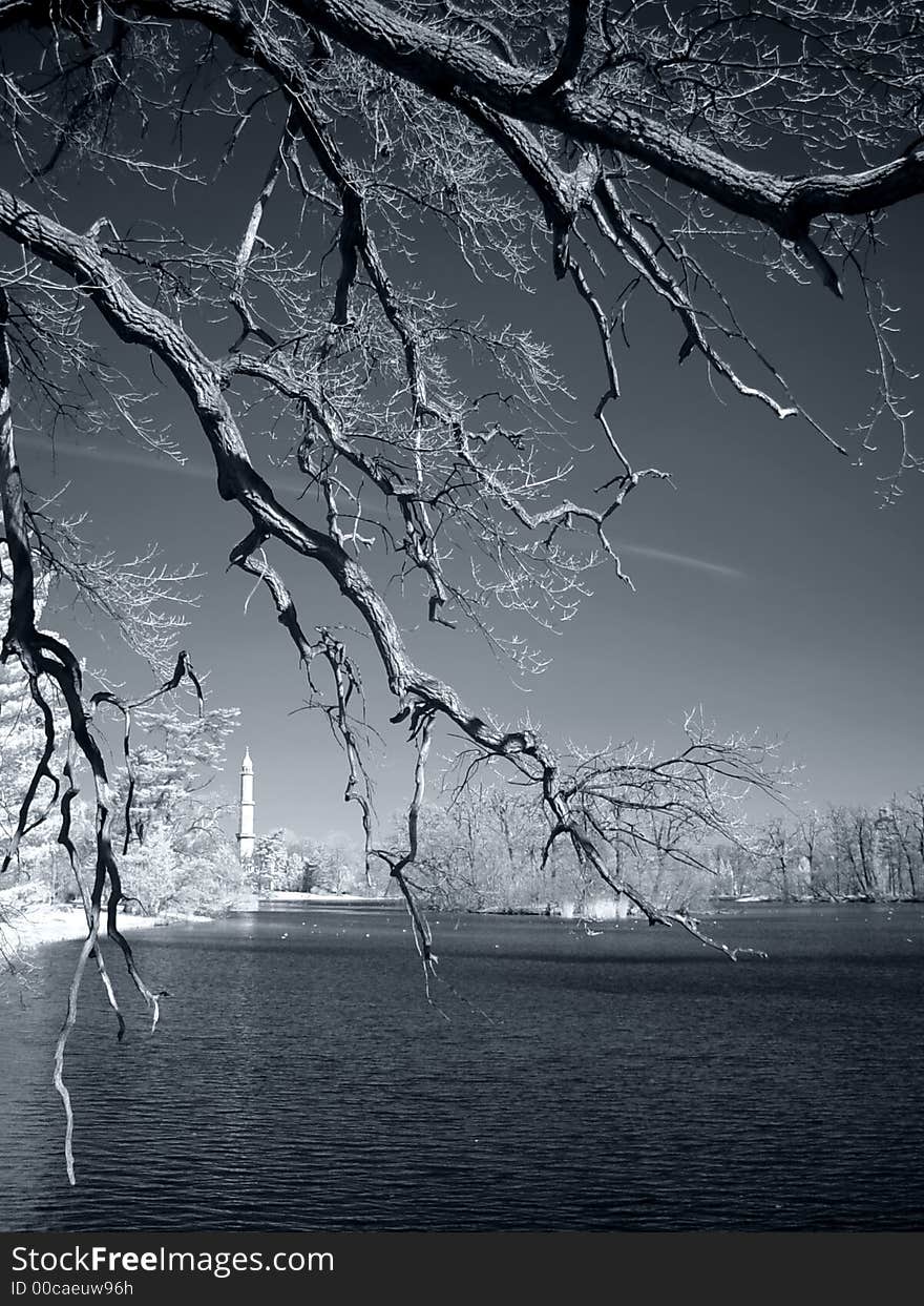 Pond with mosque, infrared picture without noise.