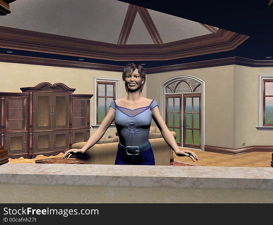 Leena smiles and leans on the half wall.  CGI, Computer Generated Image, 3D models. Leena smiles and leans on the half wall.  CGI, Computer Generated Image, 3D models