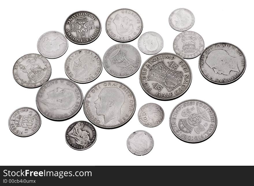 Old silver british coins  with the king Georg V and Victoria empress portraits