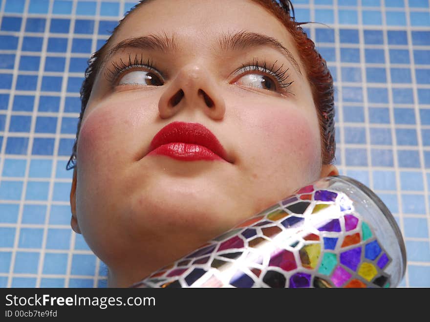 Girl with dyeing and colored bottle. Girl with dyeing and colored bottle