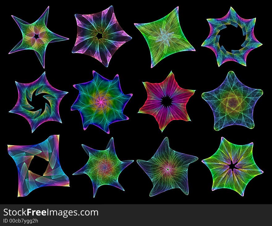 Set of 12 multicolored stars on black background. Set of 12 multicolored stars on black background