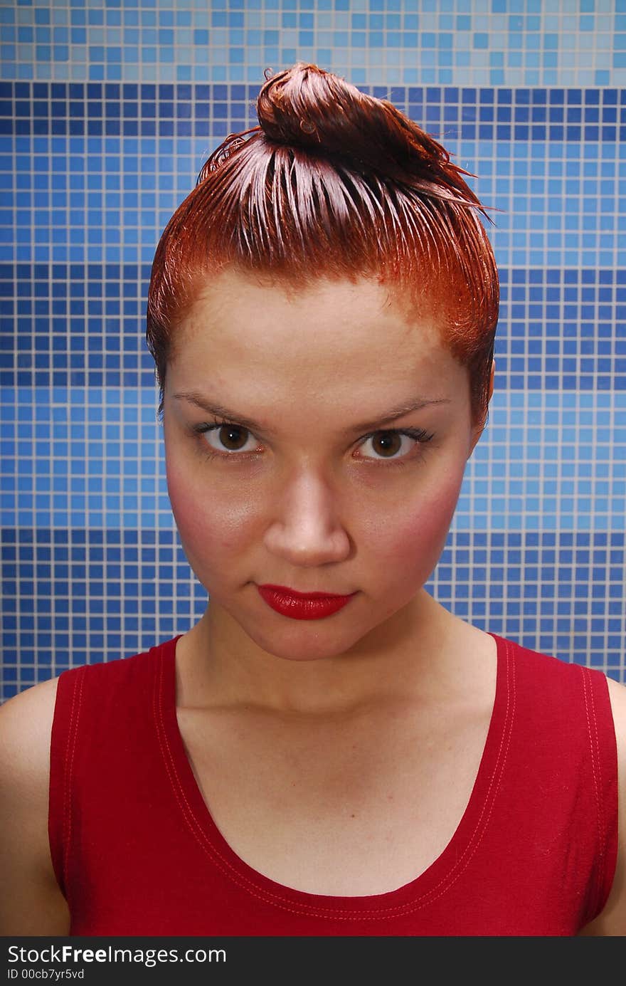 Girl with dyeing and red lips. Girl with dyeing and red lips