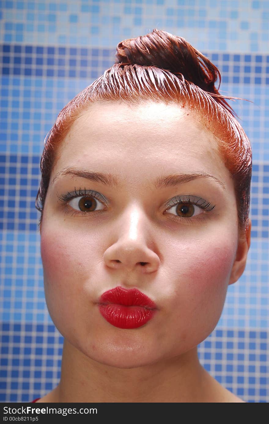 Girl with dyeing and red lips. Girl with dyeing and red lips