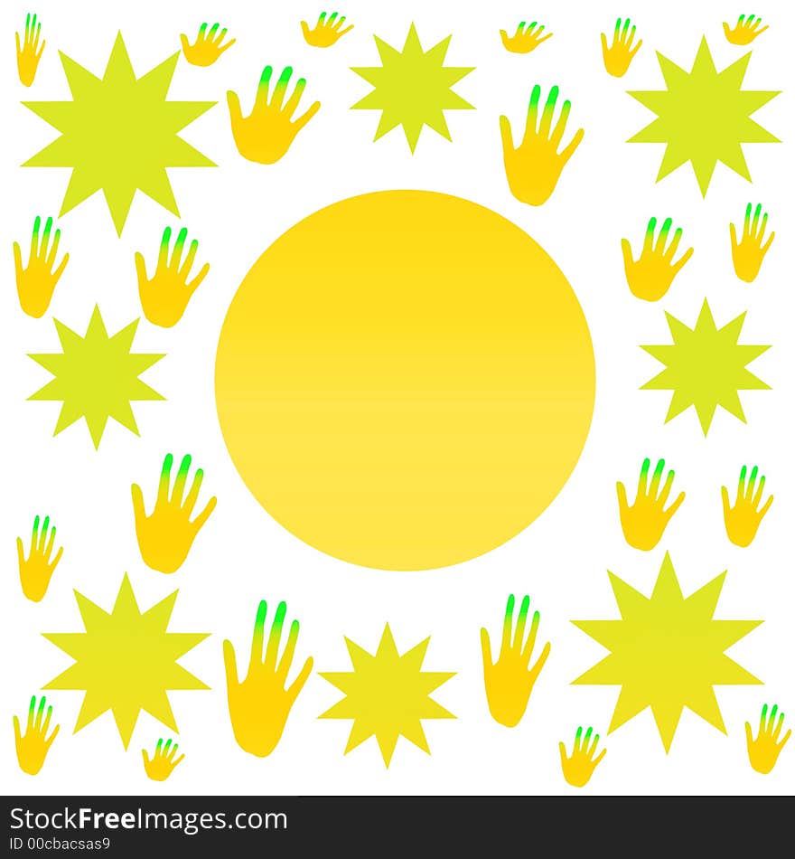 White background, light green, yellow, sun, hands and stars. White background, light green, yellow, sun, hands and stars.