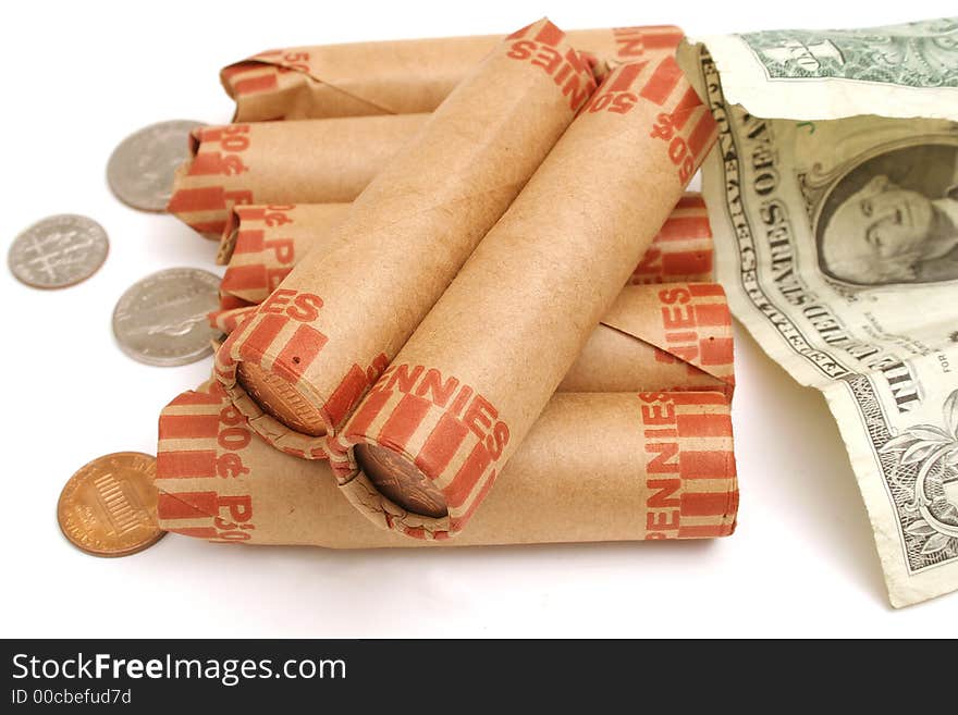 Rolled pennies & $1 bill