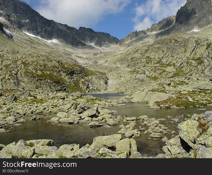 Small lake at mountain with blue sky. Hihg Tatra