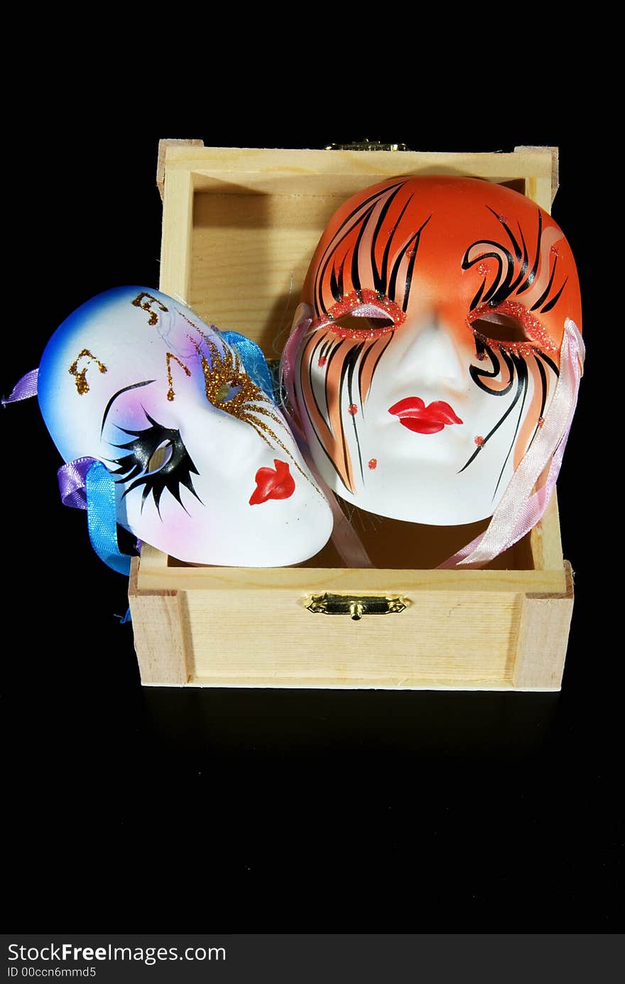 Some original venetian carnival masks in a wooden chest