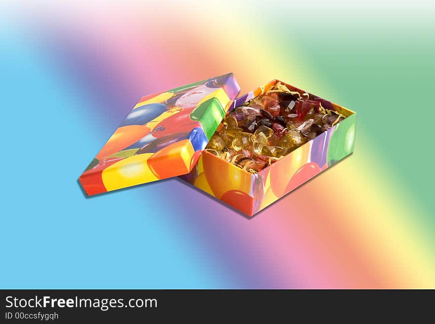 Multicolored gift box with jewels over gradient background