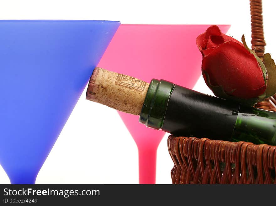 Shot of a wine bottle & cocktail glasses