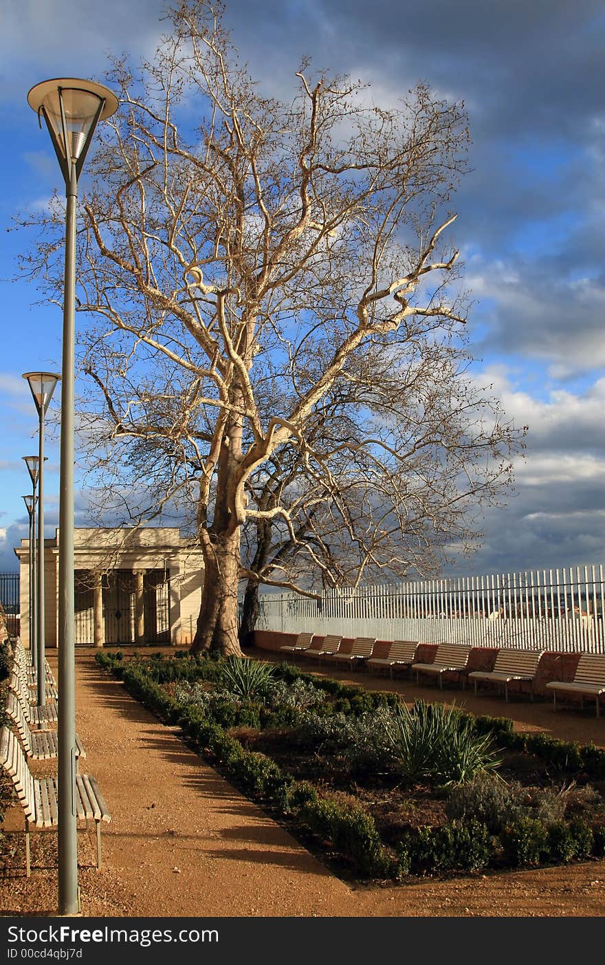 Public empty city garden, dramatic sky. Public empty city garden, dramatic sky.