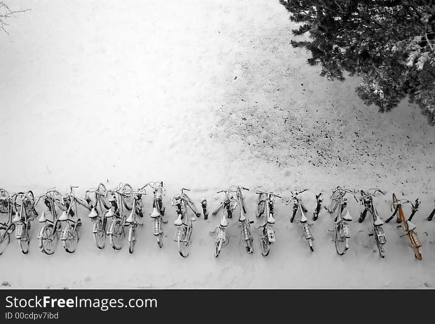 A row of bikes covered in snow. A row of bikes covered in snow