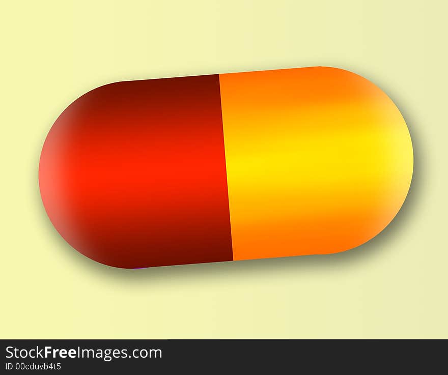 Pill capsule in red and orange colors on a white background (abstract)