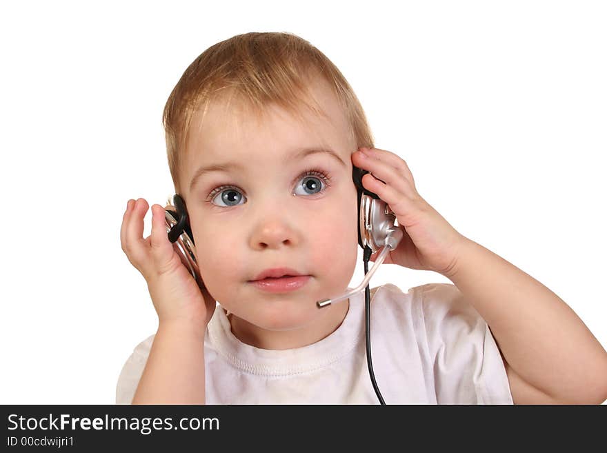 Baby with headphones on white. Baby with headphones on white