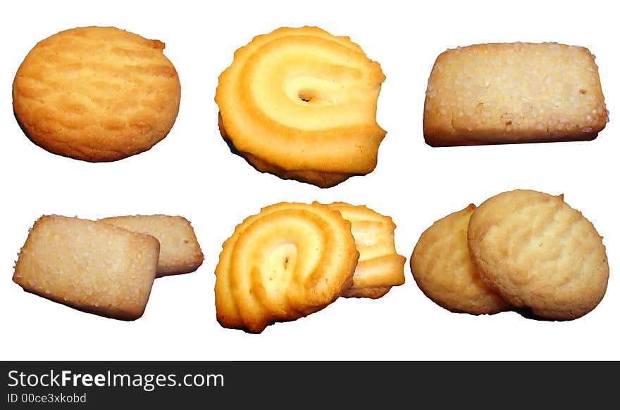 Six Types of cookies close up white Background