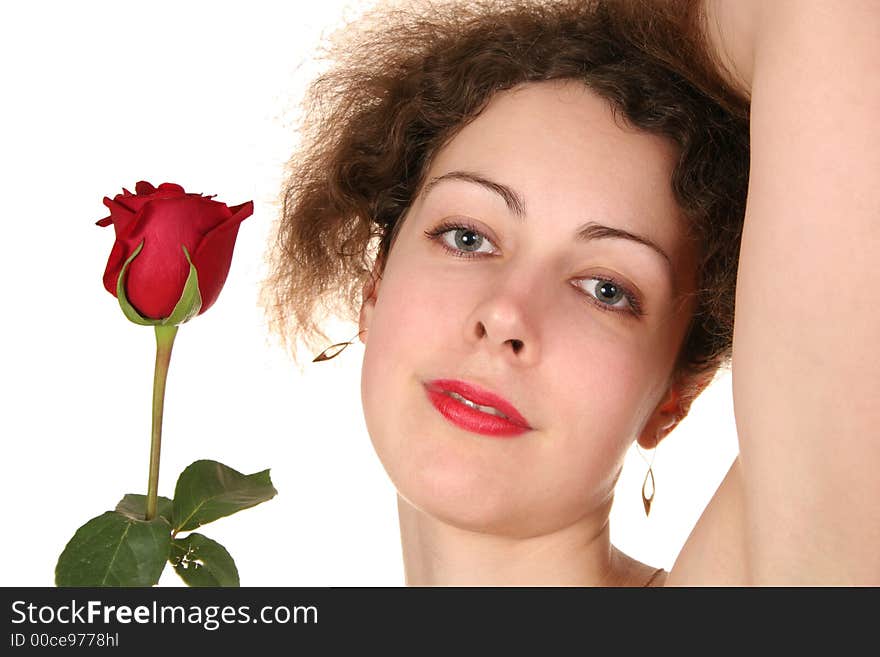 Woman with rose on the white