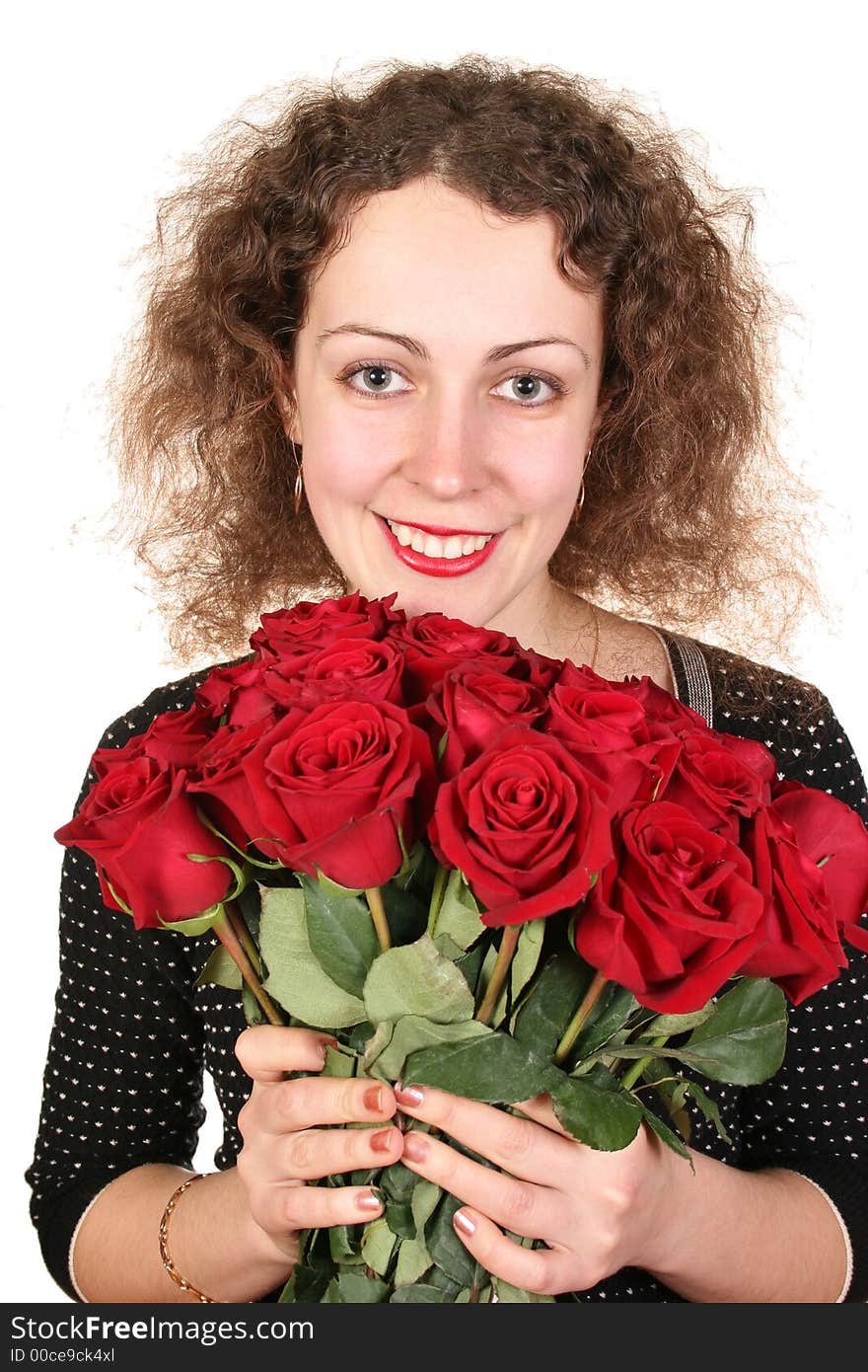 Woman with roses on the white