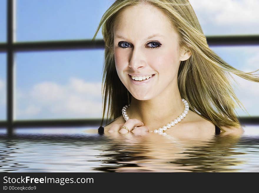 Girl photo with sky and clear windows behind her. Girl photo with sky and clear windows behind her