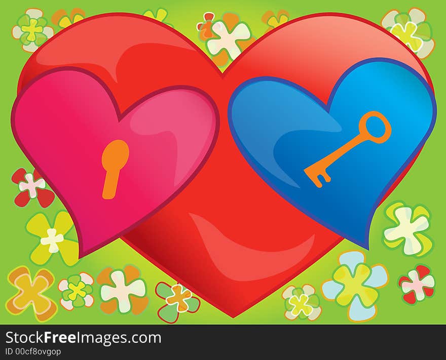 Two hearts completing each other,one being the key and the other one being the lock.On the background there is a bigger heart resembling a face wearing eyeglasses,and lots of flowers.