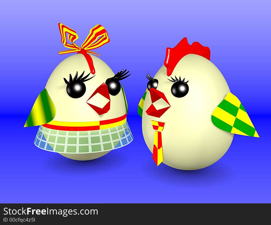 Easter eggs designed as hen and the rooster