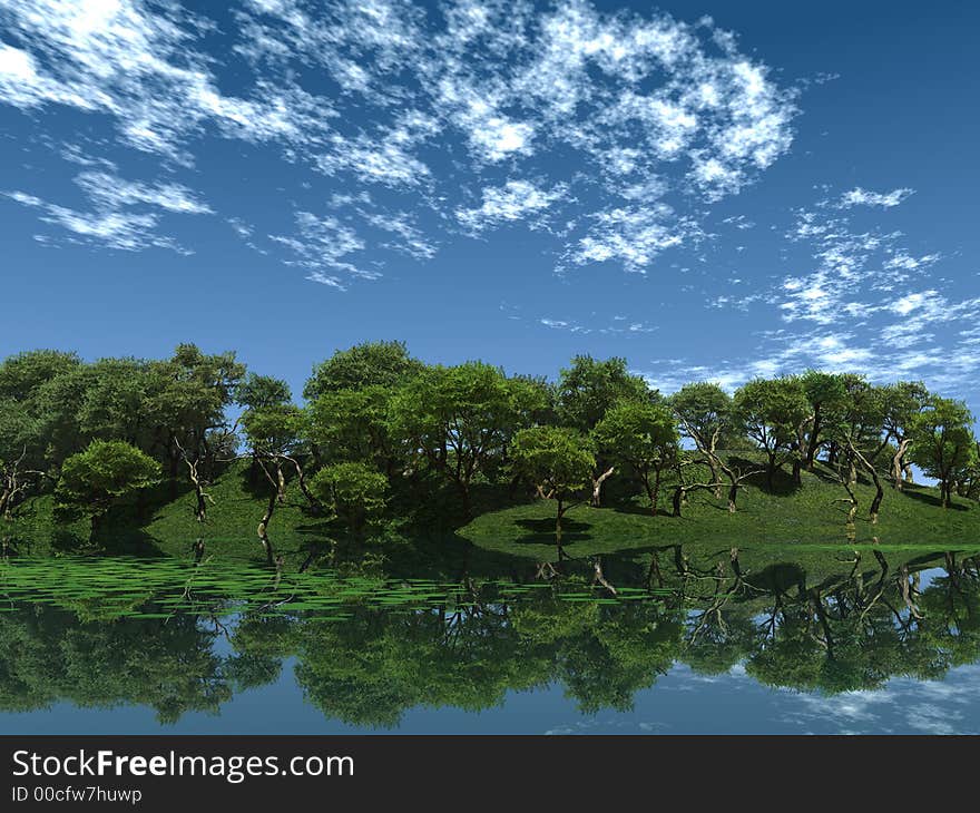 Green trees on pond coast - 3d scene. Green trees on pond coast - 3d scene.