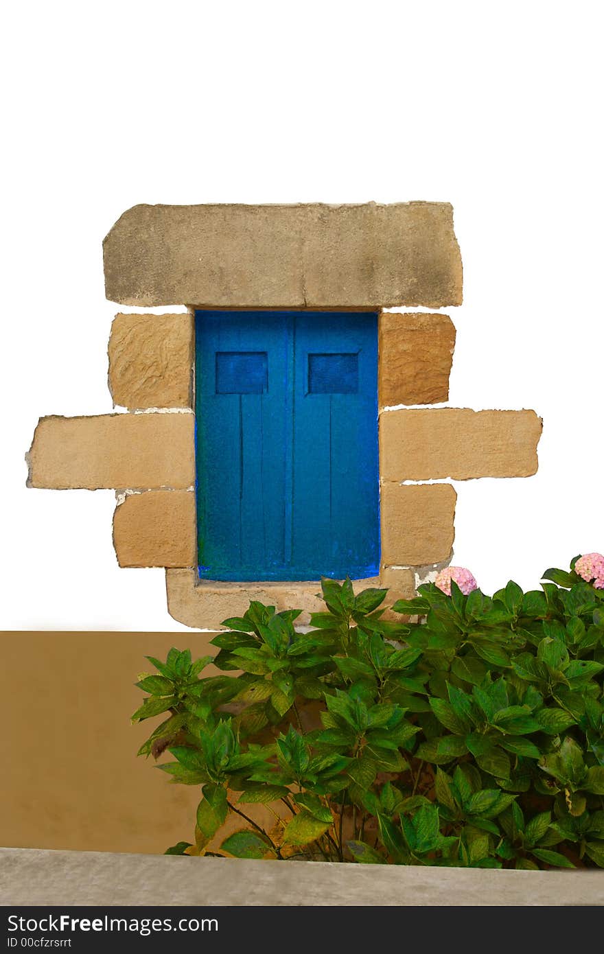 Blue old window outdoors and plants