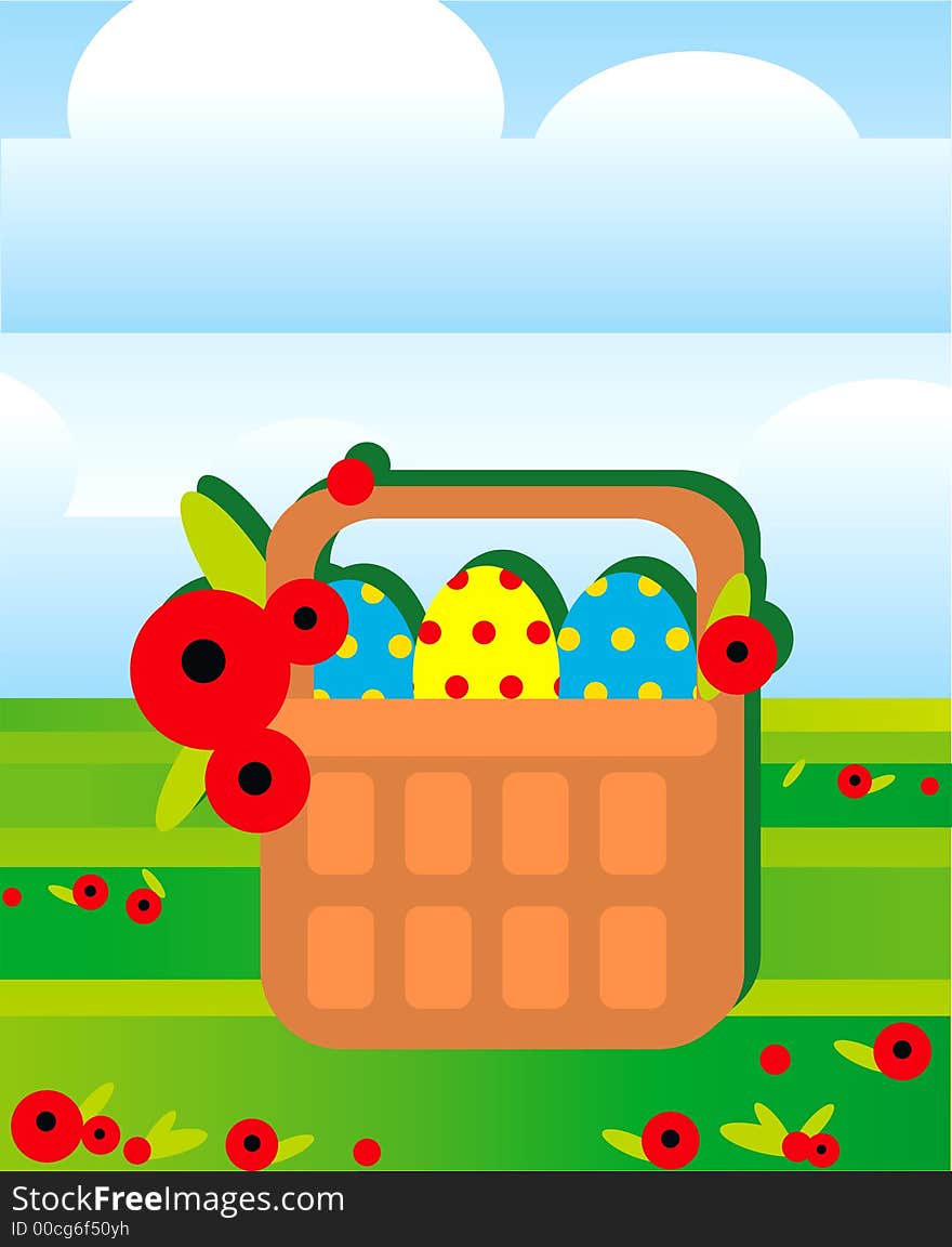 Easter eggs are in basket on a field. Easter eggs are in basket on a field