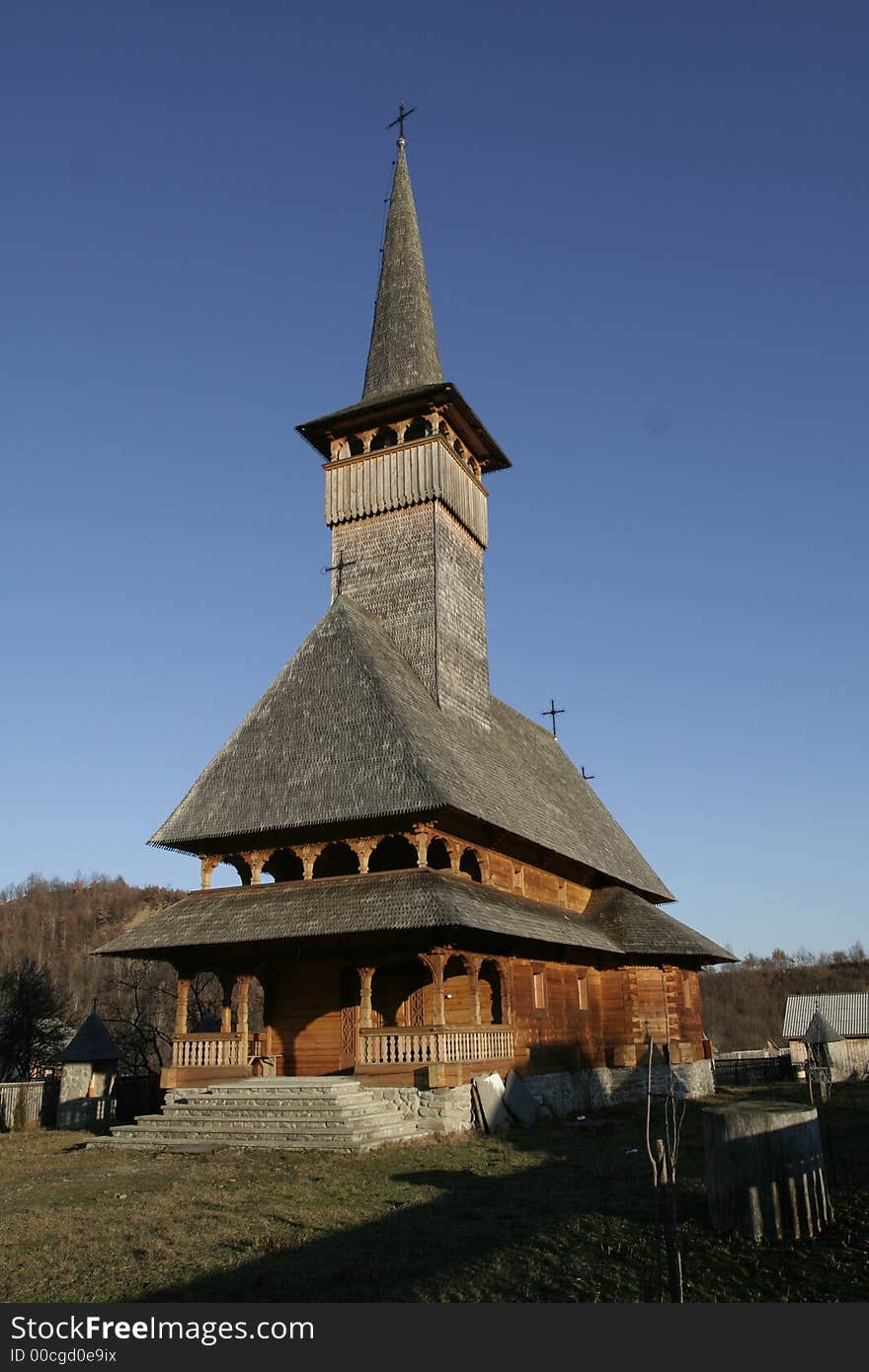 Wooden orthodox church front view. Wooden orthodox church front view