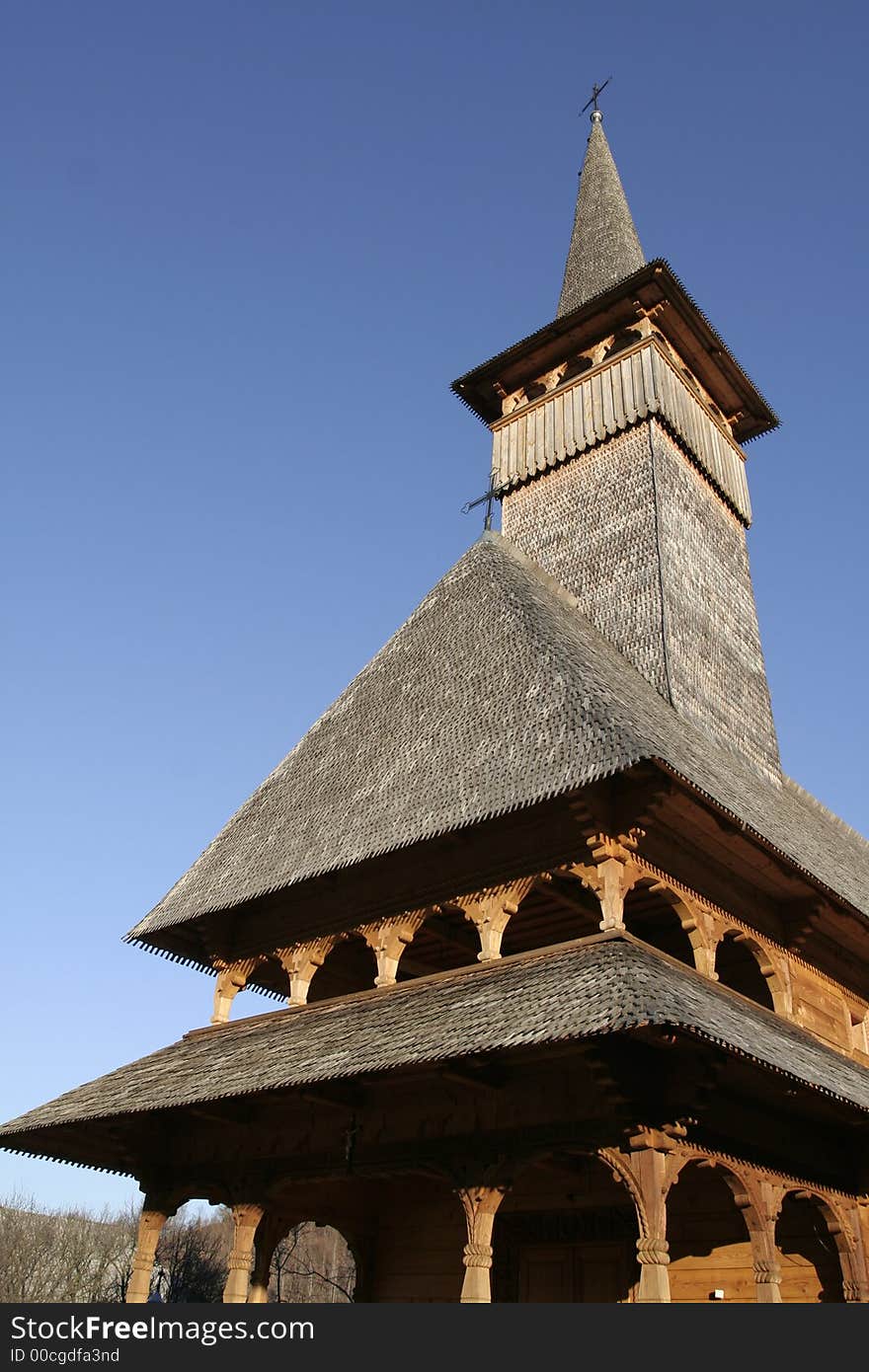 Wooden church front and detailed view. Wooden church front and detailed view