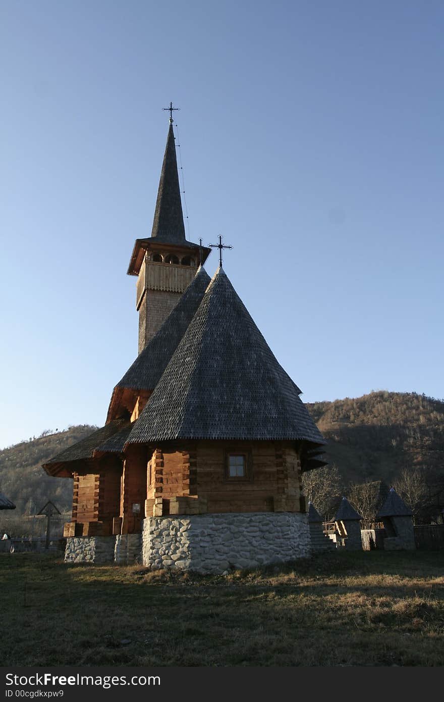 Wooden church from behind detailed view. Wooden church from behind detailed view