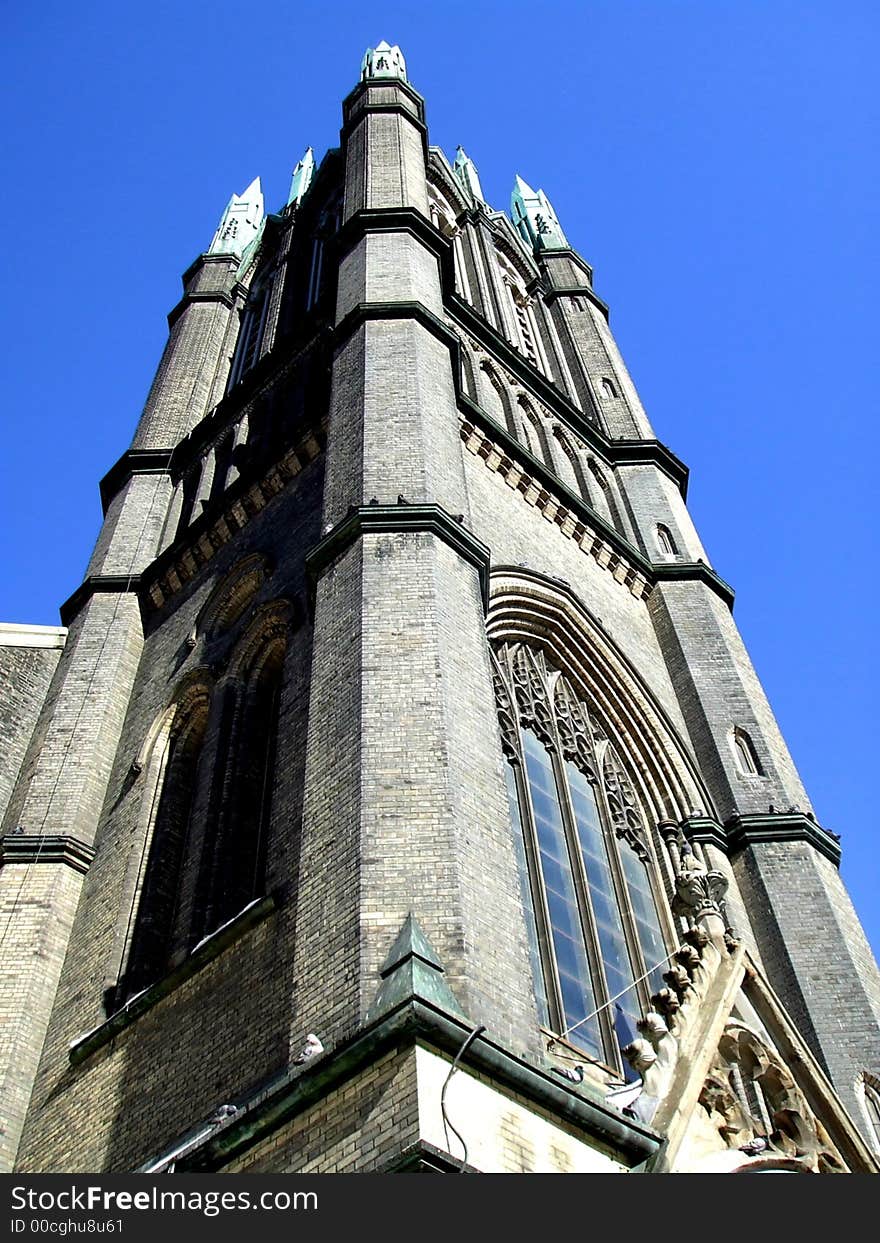 Looking upward at a church