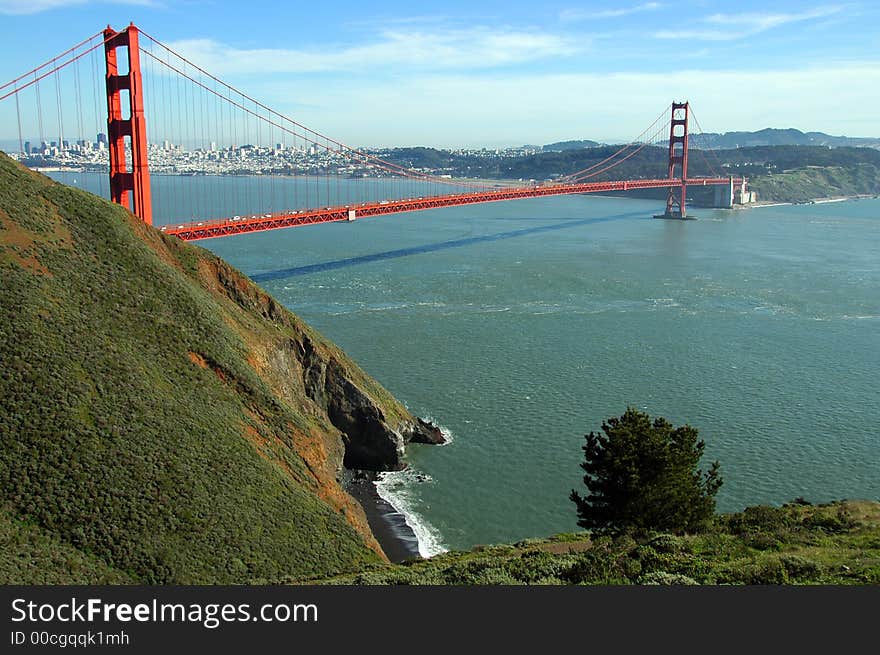 The beautiful Gloden Gate Bridge captured from the Marin Headlands side of the bay. The beautiful Gloden Gate Bridge captured from the Marin Headlands side of the bay