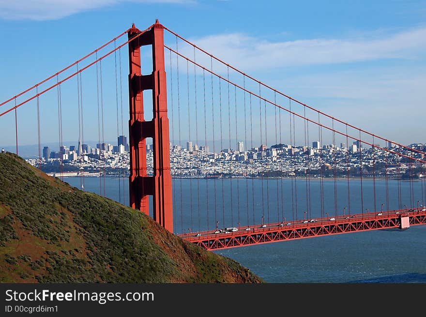 A beautiful view of the Golden Gate Bridge from the Marin Headlands. A beautiful view of the Golden Gate Bridge from the Marin Headlands