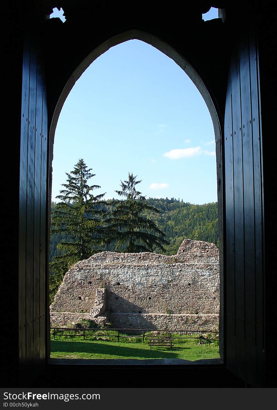 Historical castle from Litice.See from open window. Czech republic