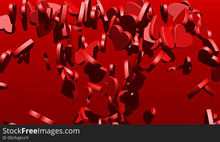 Fountain of red hearts - Love background - 3d render. Fountain of red hearts - Love background - 3d render