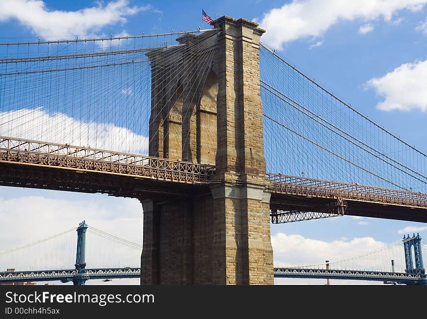 Tower of the Brooklyn Bridge with the Manhattan Bridge in Background